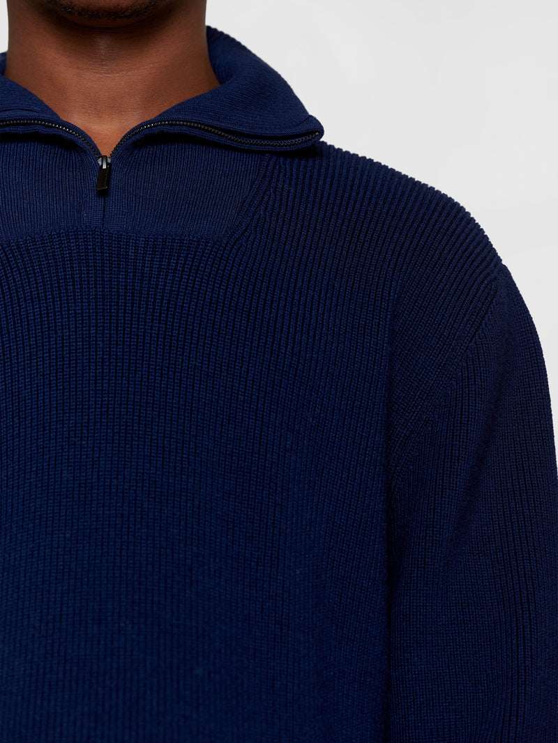 KnowledgeCotton Apparel - MEN 1/2 neck zip merino wool rib knit Knits 1001 Total Eclipse