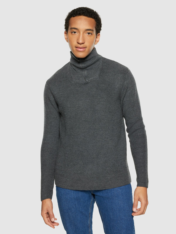KnowledgeCotton Apparel - MEN 1/2 neck zip merino wool rib knit Knits 1073 Dark Grey Melange