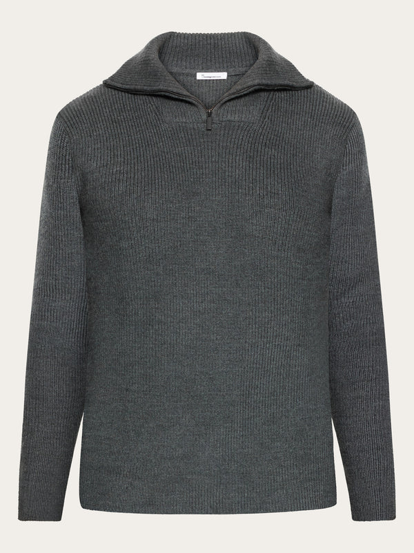 KnowledgeCotton Apparel - MEN 1/2 neck zip merino wool rib knit Knits 1073 Dark Grey Melange