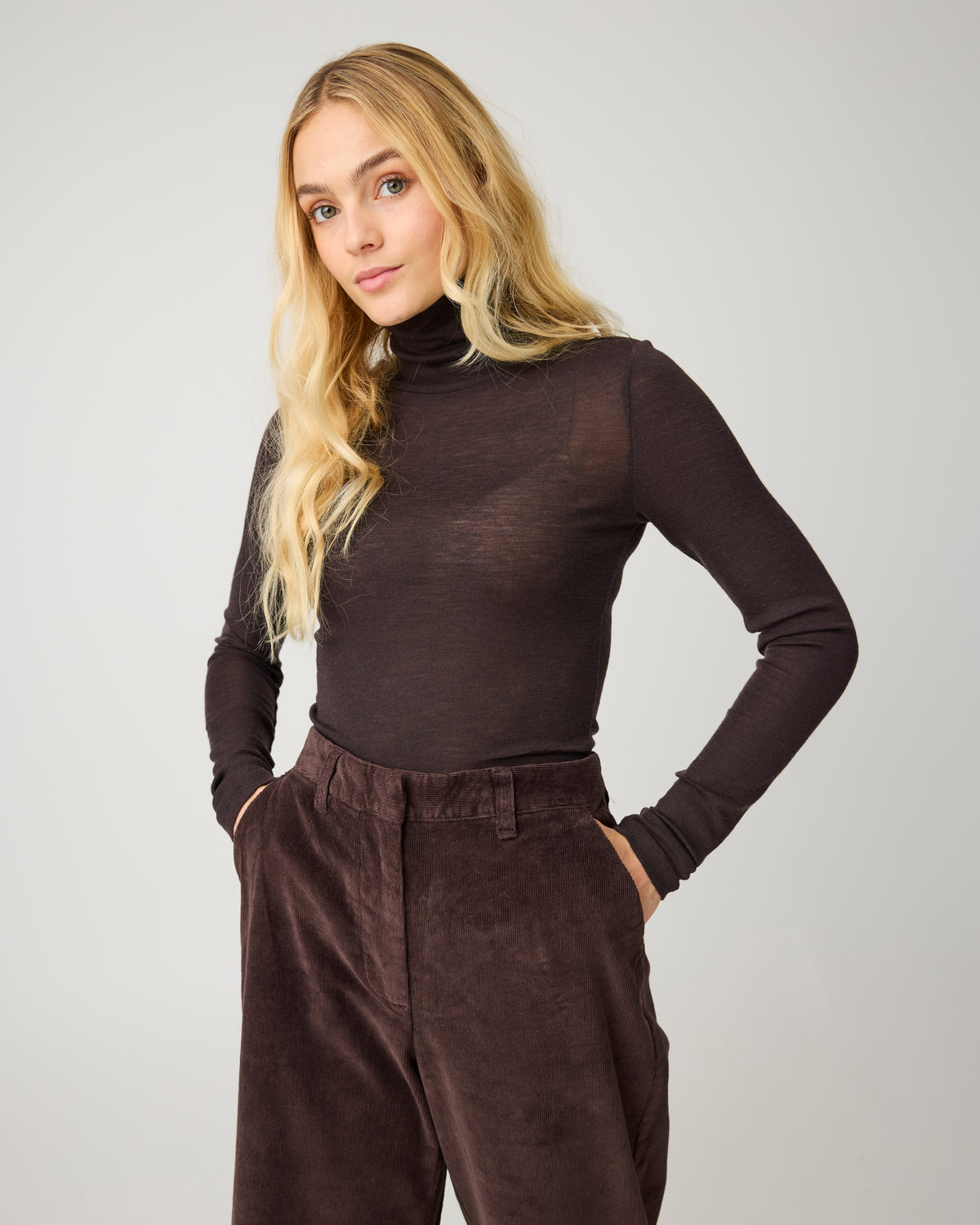 Merino rib long sleeve roll-neck - Chocolate Torte