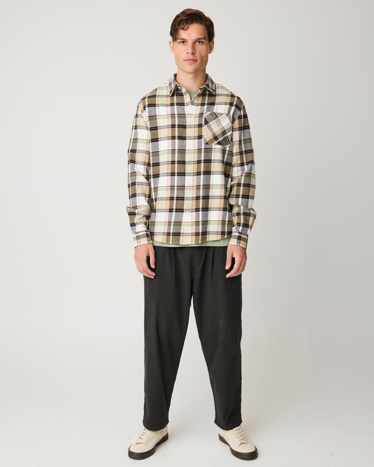 Light flannel checkered costum fit shirt - Brown check
