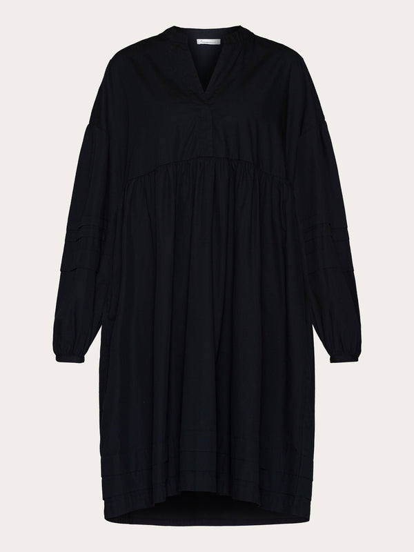 KnowledgeCotton Apparel - WMN A-shape fold details poplin dress - GOTS/Vegan Dresses 1300 Black Jet