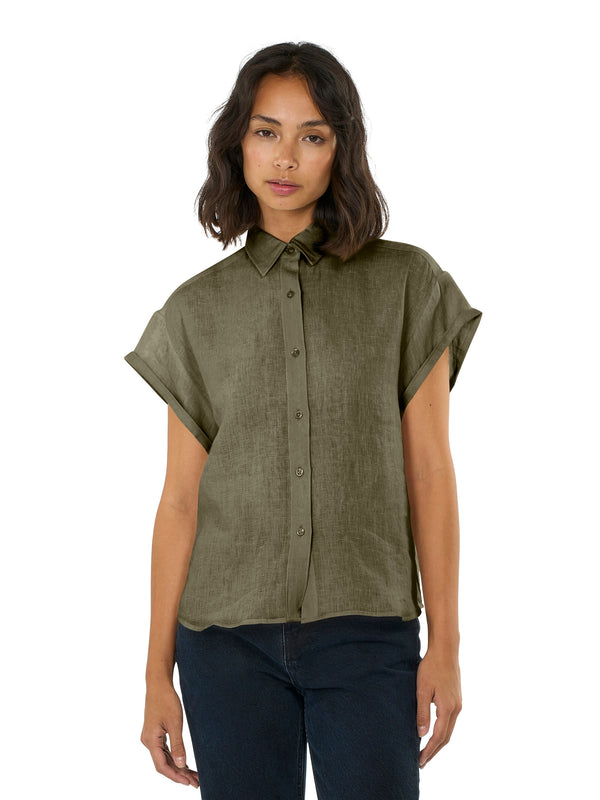 KnowledgeCotton Apparel - WMN ASTER fold up short sleeve linen shirt Shirts 1068 Burned Olive