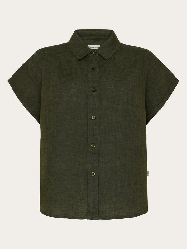 KnowledgeCotton Apparel - WMN ASTER fold up short sleeve linen shirt Shirts 1068 Burned Olive