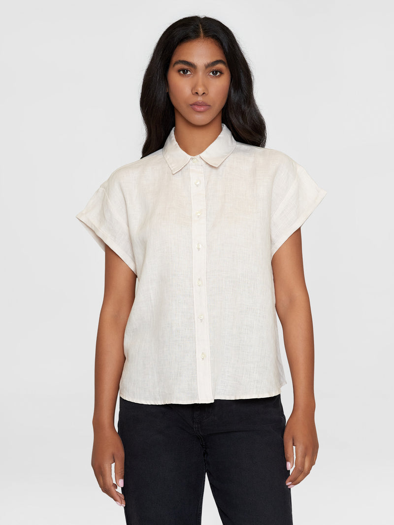 KnowledgeCotton Apparel - WMN ASTER fold up short sleeve linen shirt Shirts 1228 Light feather gray