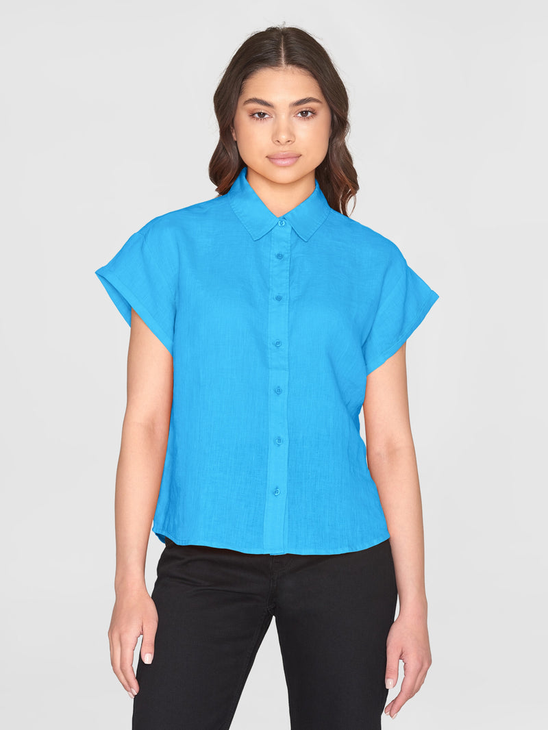KnowledgeCotton Apparel - WMN ASTER fold up short sleeve linen shirt Shirts 1445 Malibu Blue