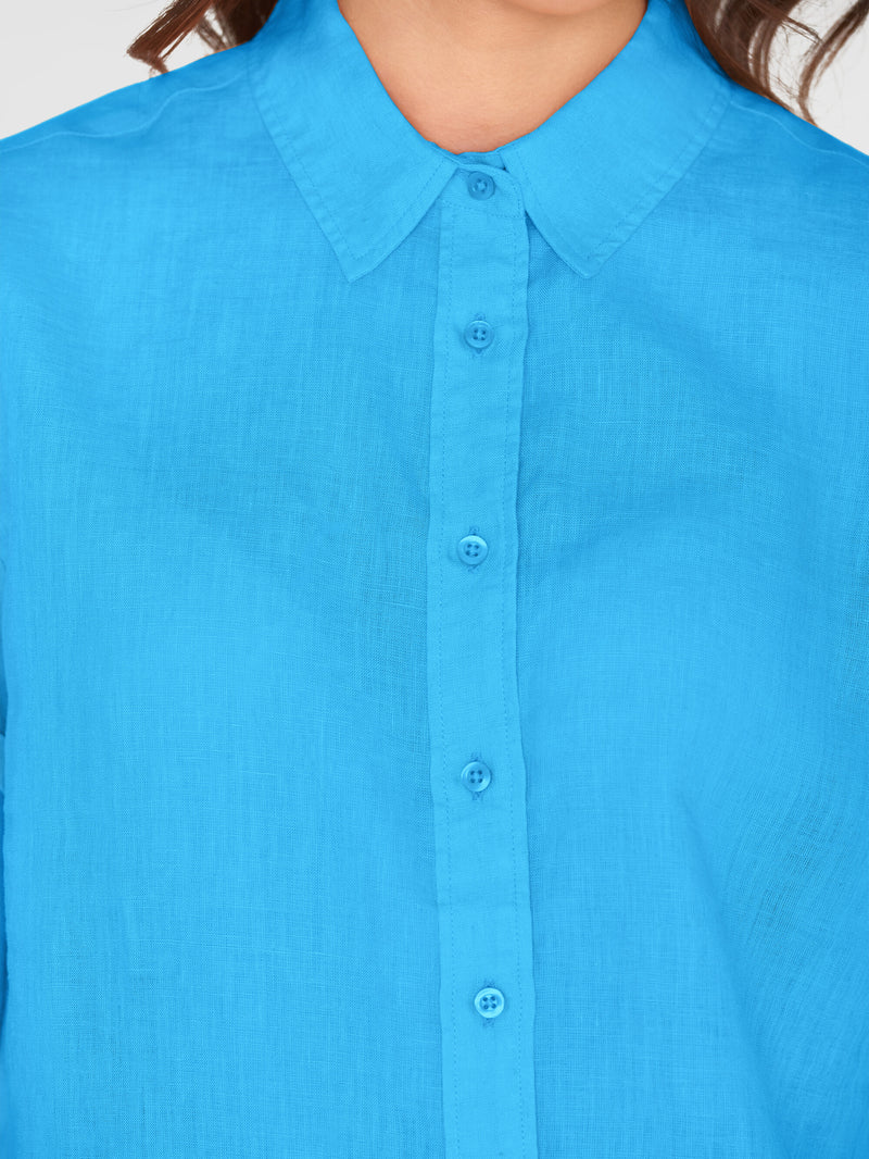 KnowledgeCotton Apparel - WMN ASTER fold up short sleeve linen shirt Shirts 1445 Malibu Blue
