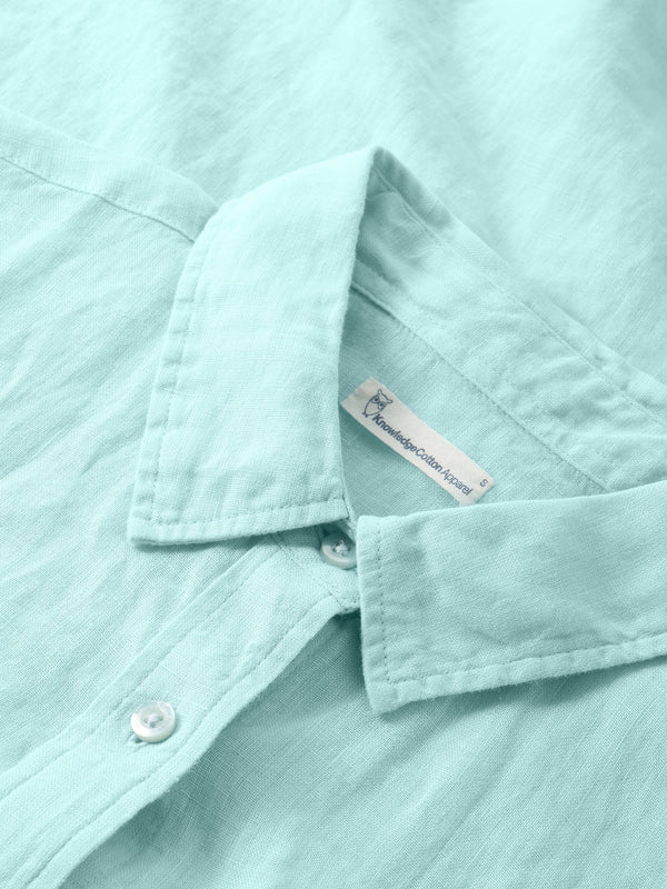 KnowledgeCotton Apparel - WMN ASTER fold up short sleeve linen shirt Shirts 1480 Aqua-Esque