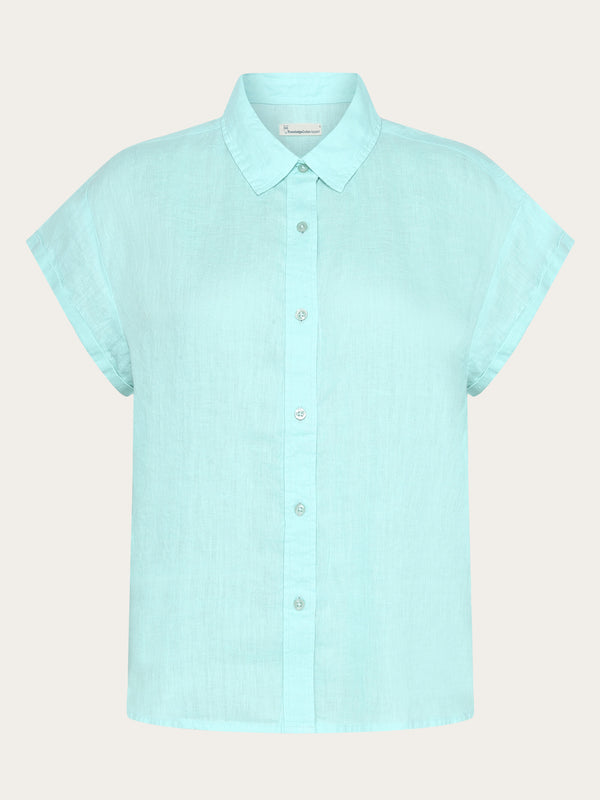 KnowledgeCotton Apparel - WMN ASTER fold up short sleeve linen shirt Shirts 1480 Aqua-Esque