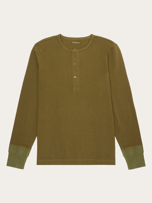 KnowledgeCotton Apparel - MEN BO long sleeve henley - Regenerative Organic Certified™ - GOTS/Vegan Henleys 1100 Dark Olive