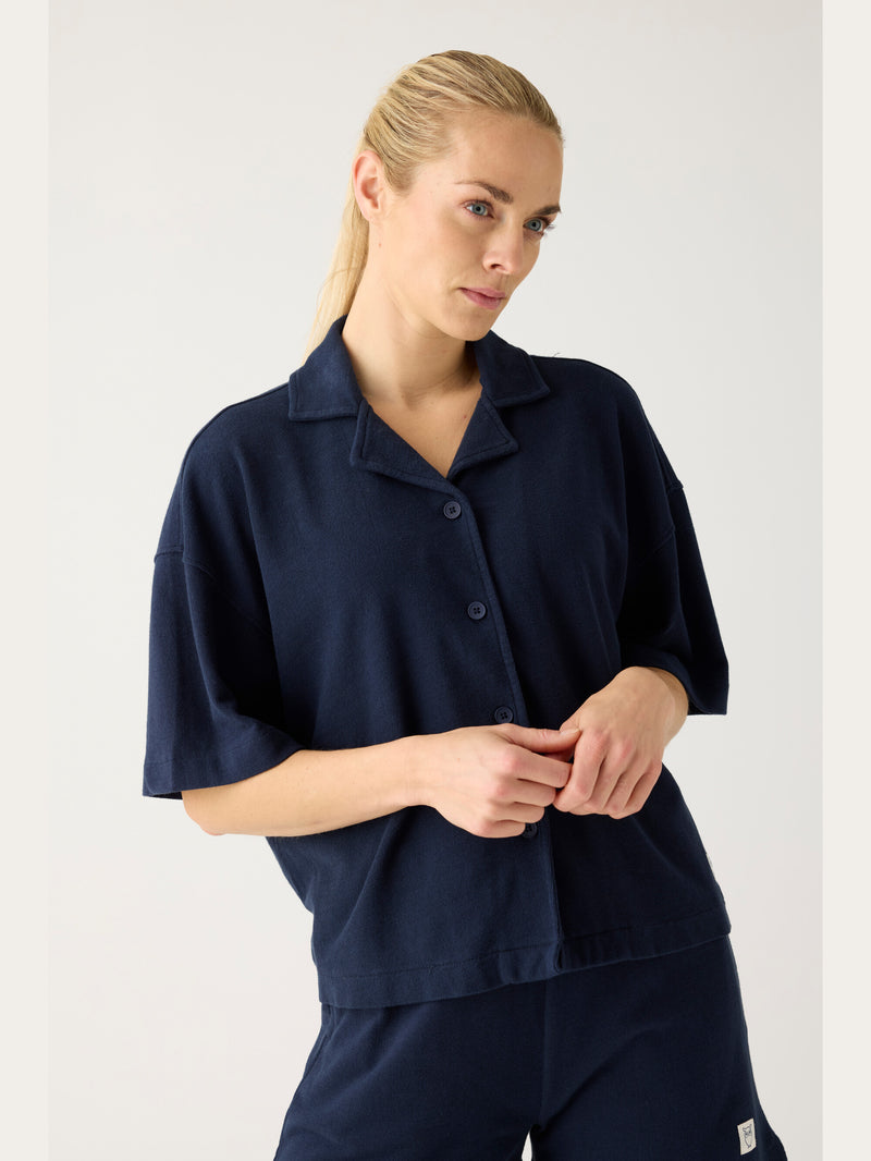 KnowledgeCotton Apparel - WMN Bouclé short sleeved shirt - GOTS/Vegan Shirts 1412 Night Sky