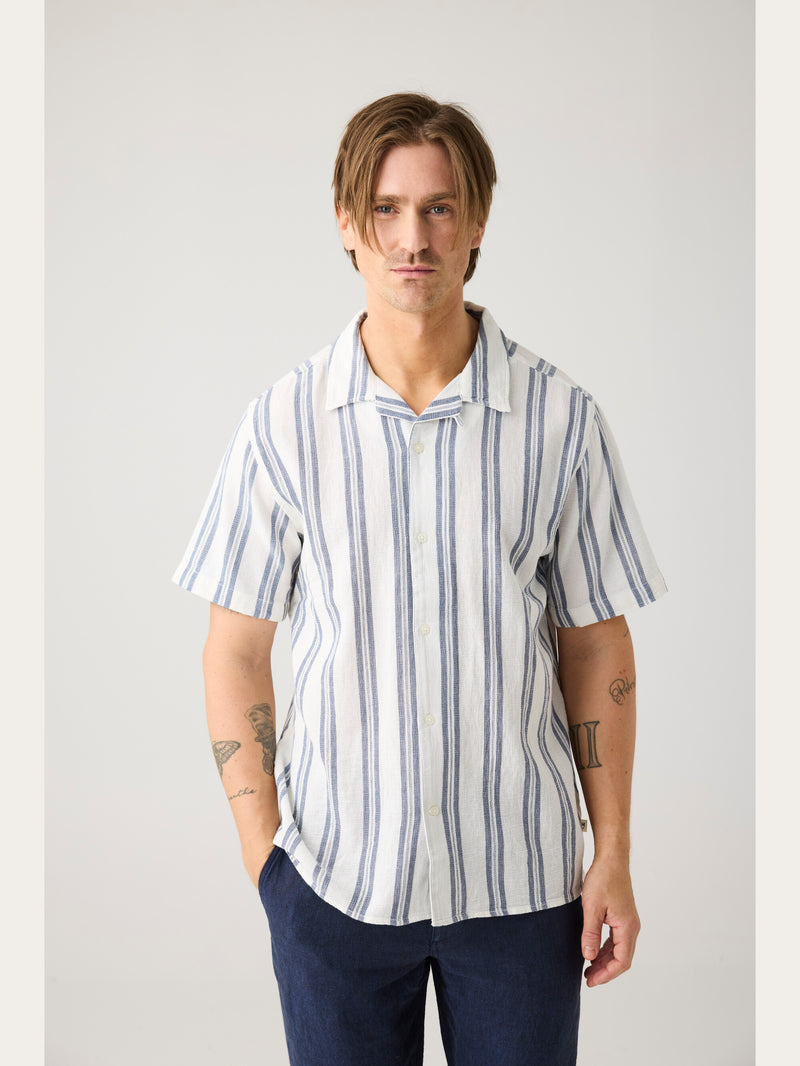 KnowledgeCotton Apparel - MEN Box short sleeve striped cotton shirt GOTS/Vegan Shirts 8021 Blue stripe