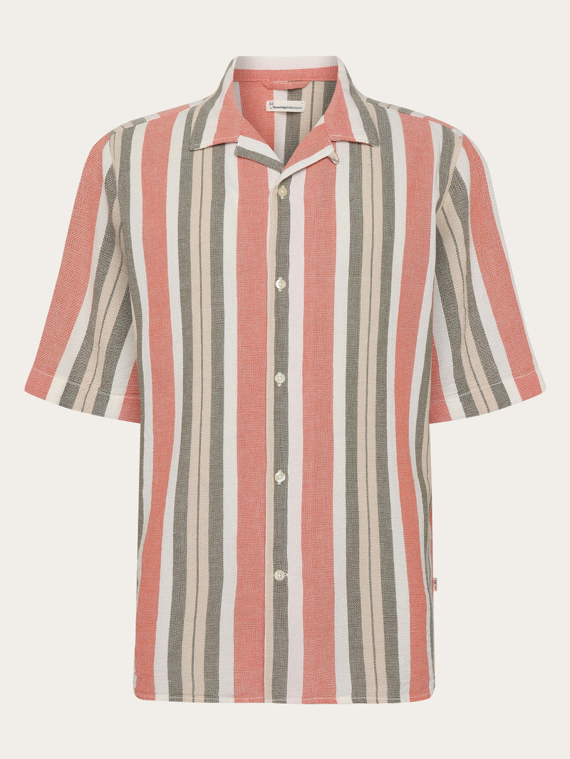 KnowledgeCotton Apparel - MEN Box short sleeve striped cotton shirt GOTS/Vegan Shirts 8023 Green stripe