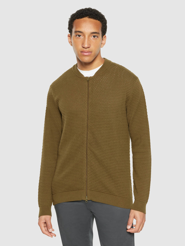 KnowledgeCotton Apparel - MEN Bubble knit cardigan - Regenerative Organic Certified® - GOTS/Vegan Knits 1100 Dark Olive