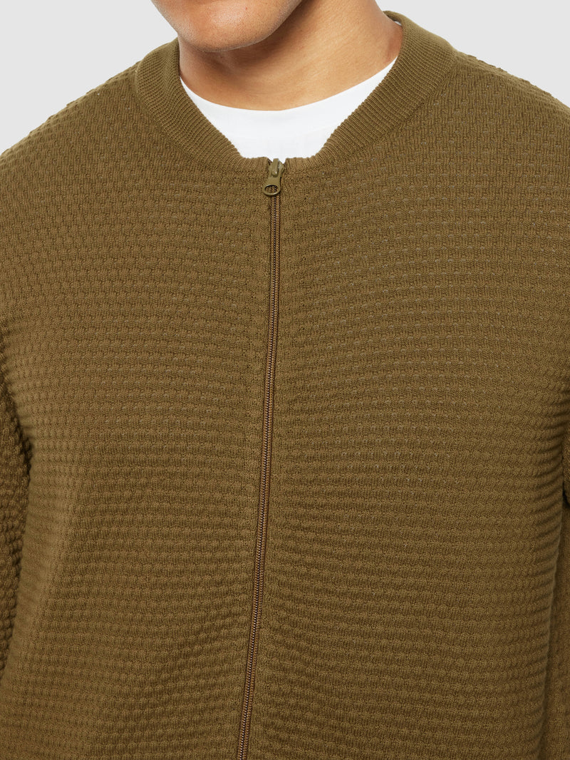 KnowledgeCotton Apparel - MEN Bubble knit cardigan - Regenerative Organic Certified® - GOTS/Vegan Knits 1100 Dark Olive