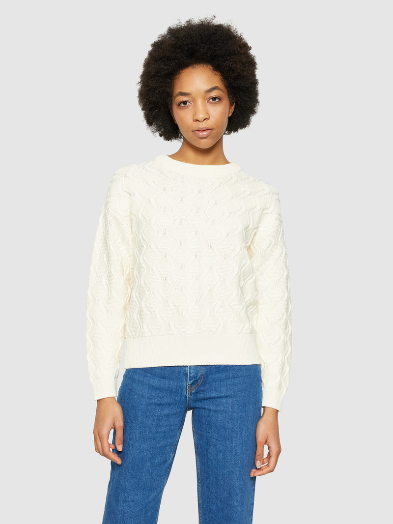 KnowledgeCotton Apparel - WMN Cotton cable crew neck - Regenerative Organic Certified® - GOTS/Vegan Knits 1387 Egret