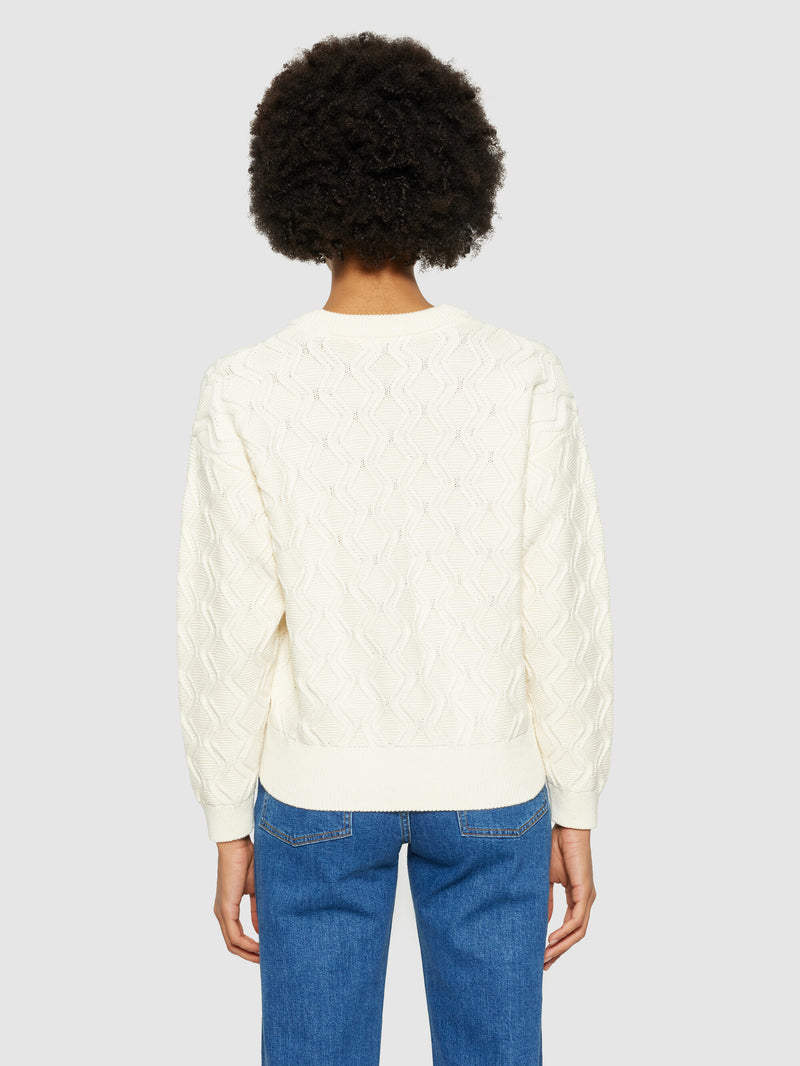 KnowledgeCotton Apparel - WMN Cotton cable crew neck - Regenerative Organic Certified® - GOTS/Vegan Knits 1387 Egret