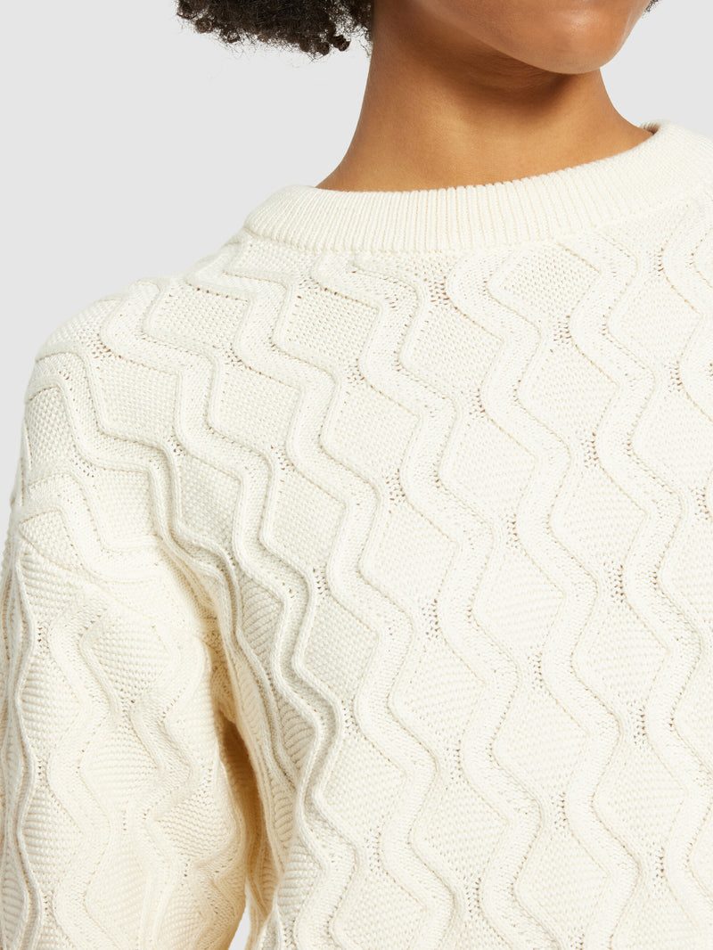 KnowledgeCotton Apparel - WMN Cotton cable crew neck - Regenerative Organic Certified® - GOTS/Vegan Knits 1387 Egret