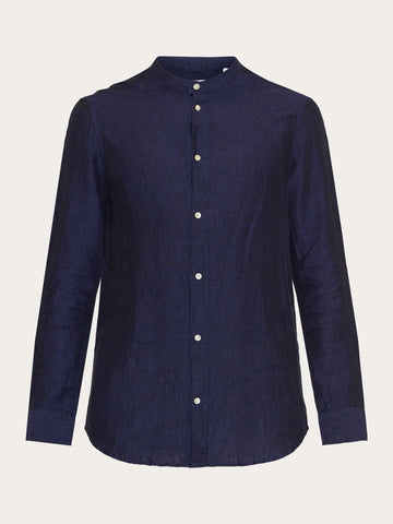 KnowledgeCotton Apparel - MEN Custom fit linen stand collar shirt Shirts 1450 Yarndyed - Total Eclipse