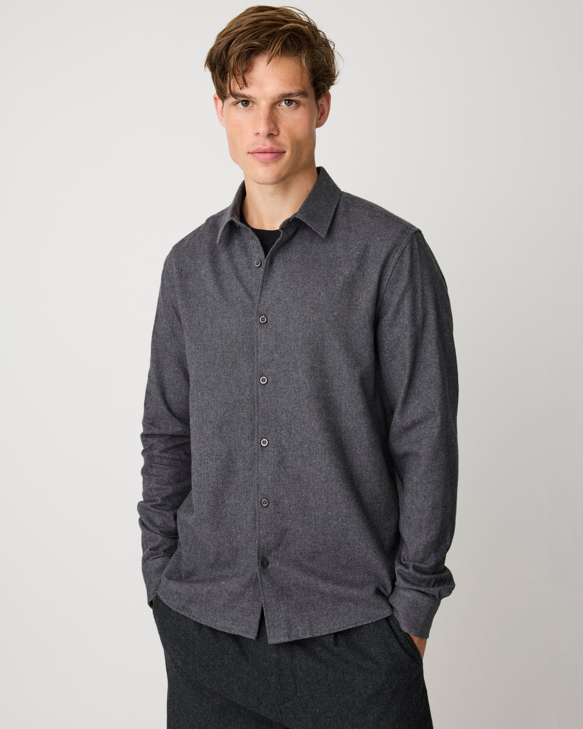 KnowledgeCotton Apparel - MEN Dune regular flannel shirt Shirts 1073 Dark Grey Melange