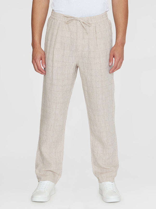 KnowledgeCotton Apparel - MEN FIG loose checked linen pants - GOTS/Vegan Pants 1228 Light feather gray