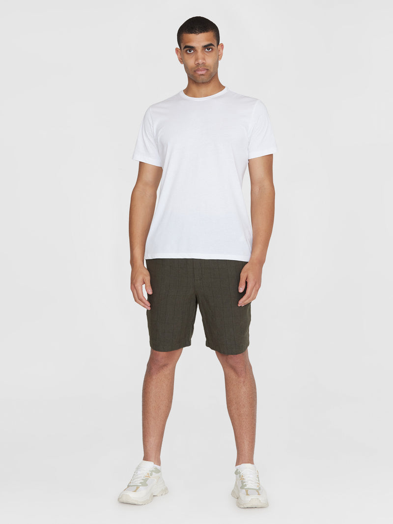 KnowledgeCotton Apparel - MEN FIG loose checked linen shorts - GOTS/Vegan Shorts 1068 Burned Olive