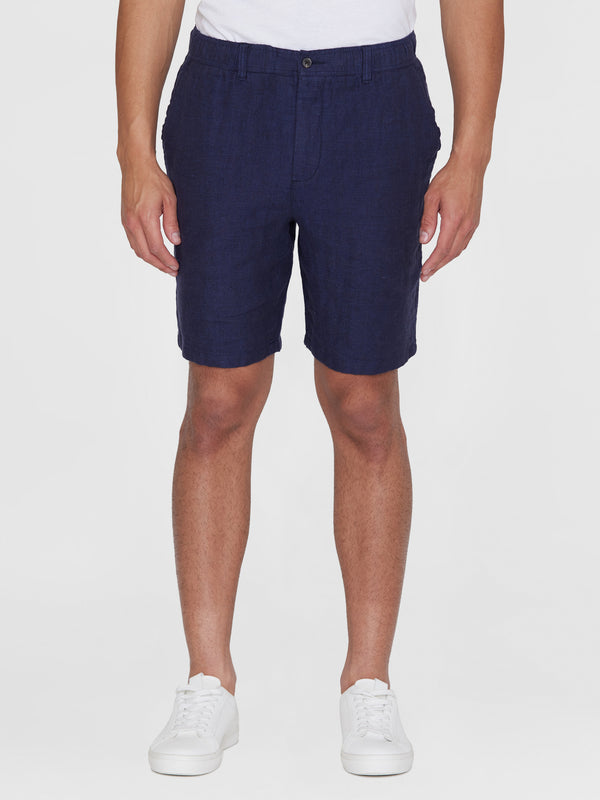 KnowledgeCotton Apparel - MEN FIG loose herringbone linen elastic waist shorts - GOTS/Vegan Shorts 1001 Total Eclipse