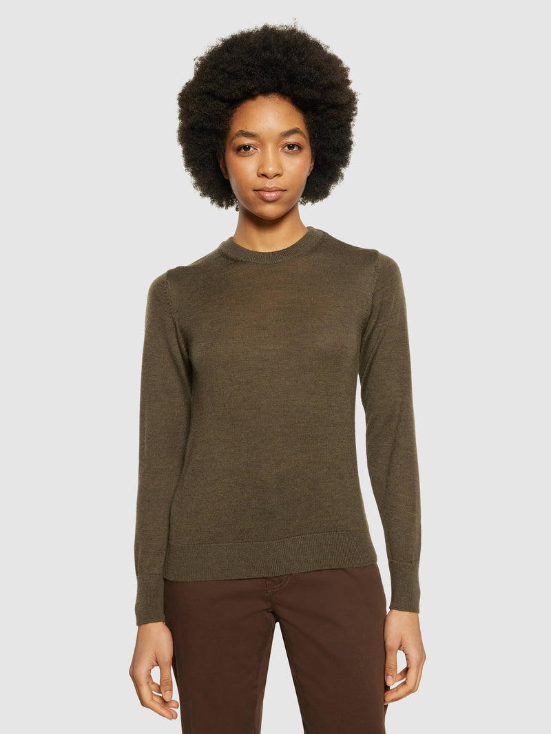 KnowledgeCotton Apparel - WMN Fine merino crew neck - RWS Knits 1100 Dark Olive