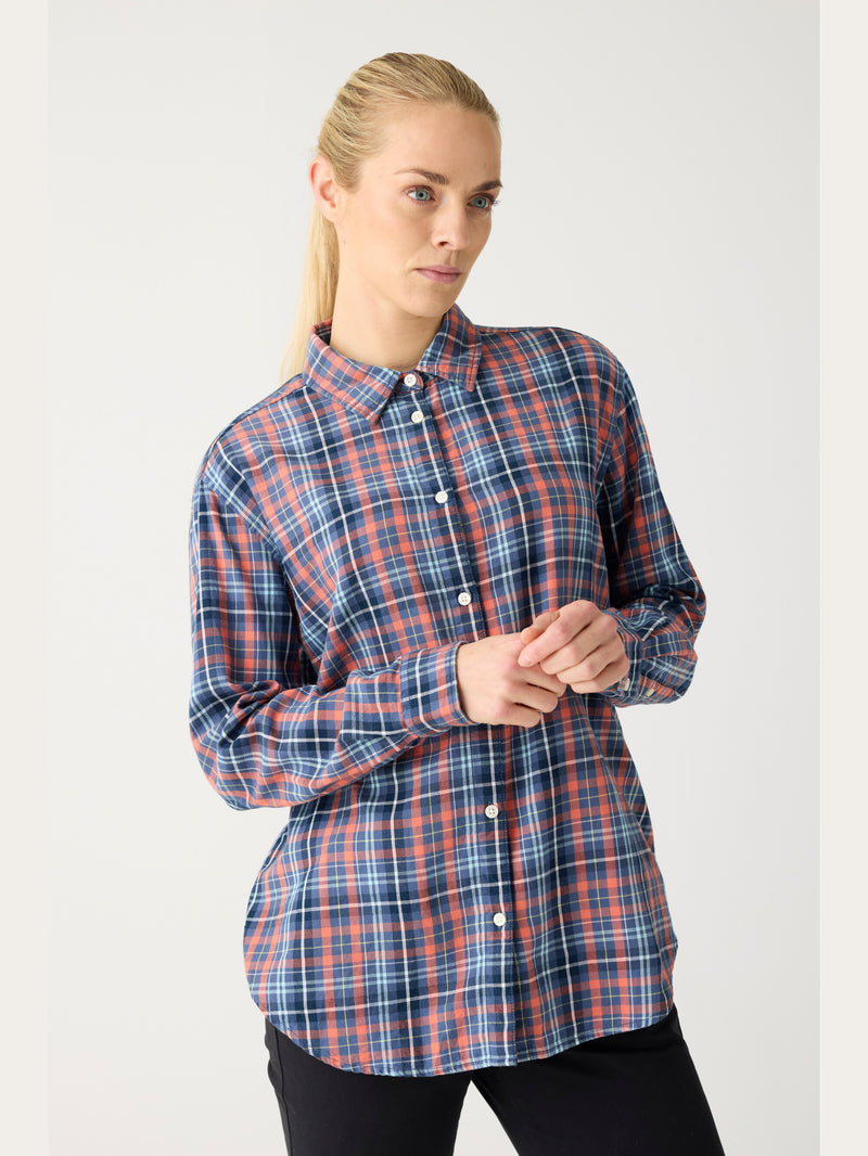 KnowledgeCotton Apparel - WMN Flannel boyfriend fit checked shirt - GOTS/Vegan Shirts 7021 blue check