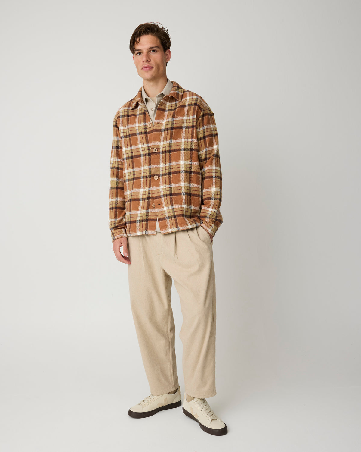 KnowledgeCotton Apparel - MEN Flannel check overshirt Overshirts 7030 Beige check