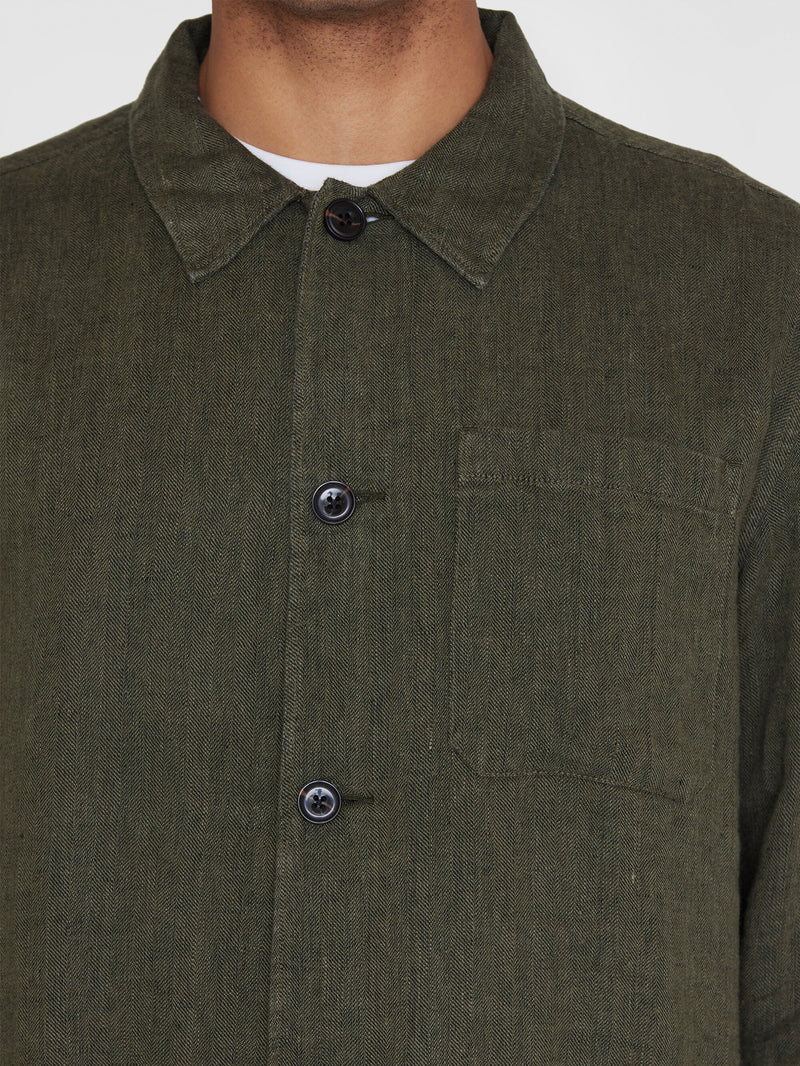 KnowledgeCotton Apparel - MEN Herringbone linen overshirt - GOTS/Vegan Overshirts 1068 Burned Olive