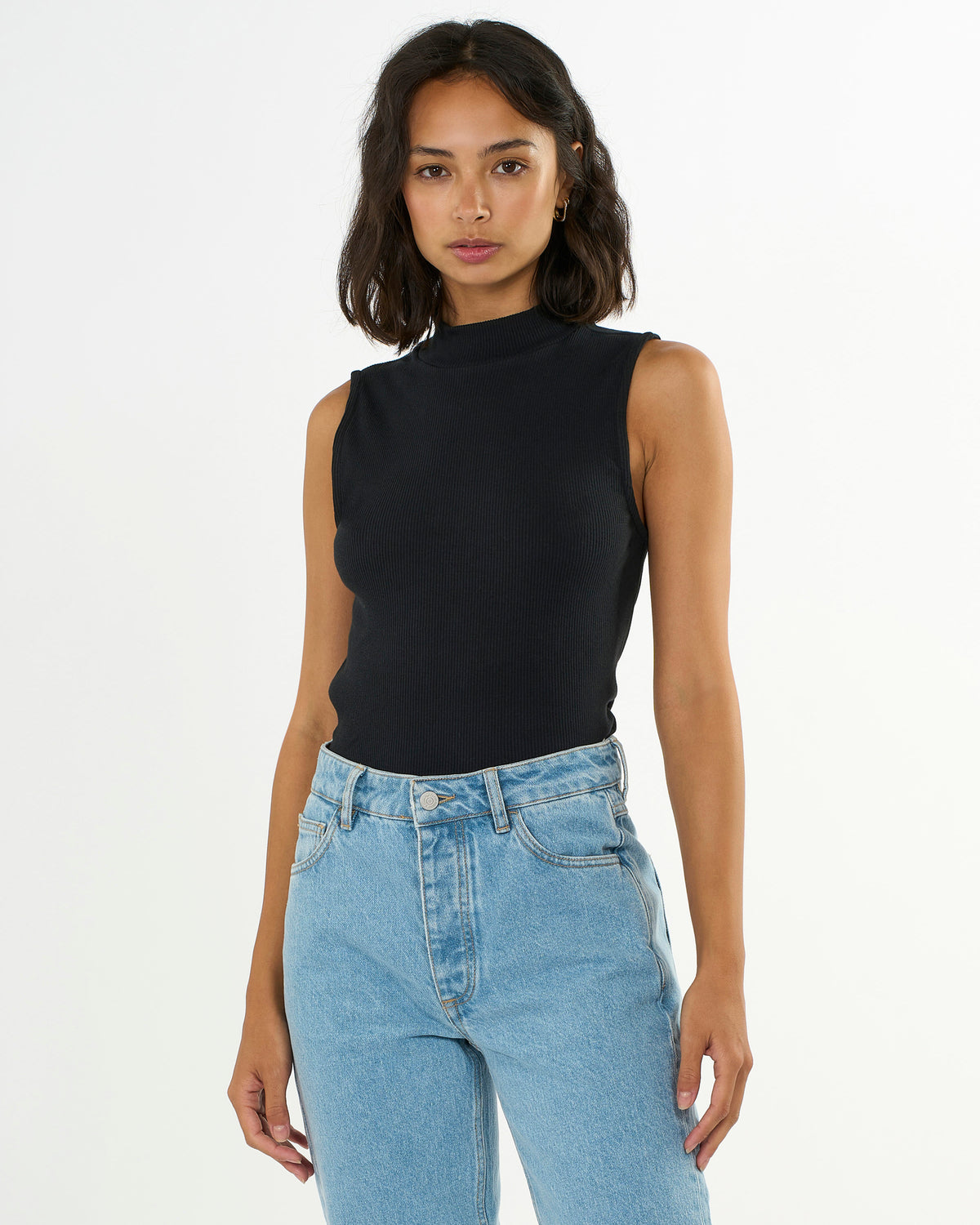 KnowledgeCotton Apparel - WMN High neck rib top T-shirts 1300 Black Jet