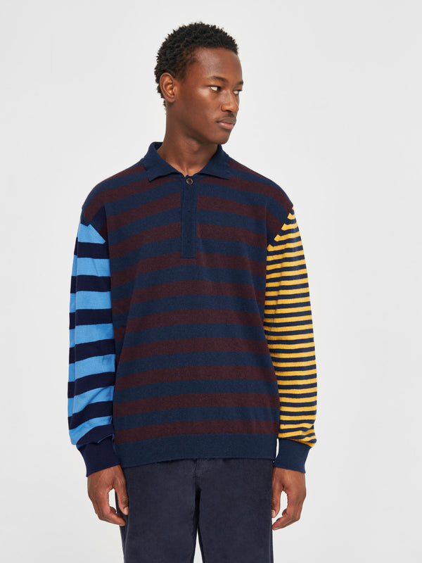 KnowledgeCotton Apparel - MEN Knitted long sleeve polo Knits 8021 Blue stripe