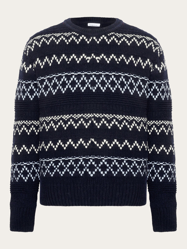 KnowledgeCotton Apparel - MEN Knitted pattern crew neck - RWS Knits 8021 Blue stripe