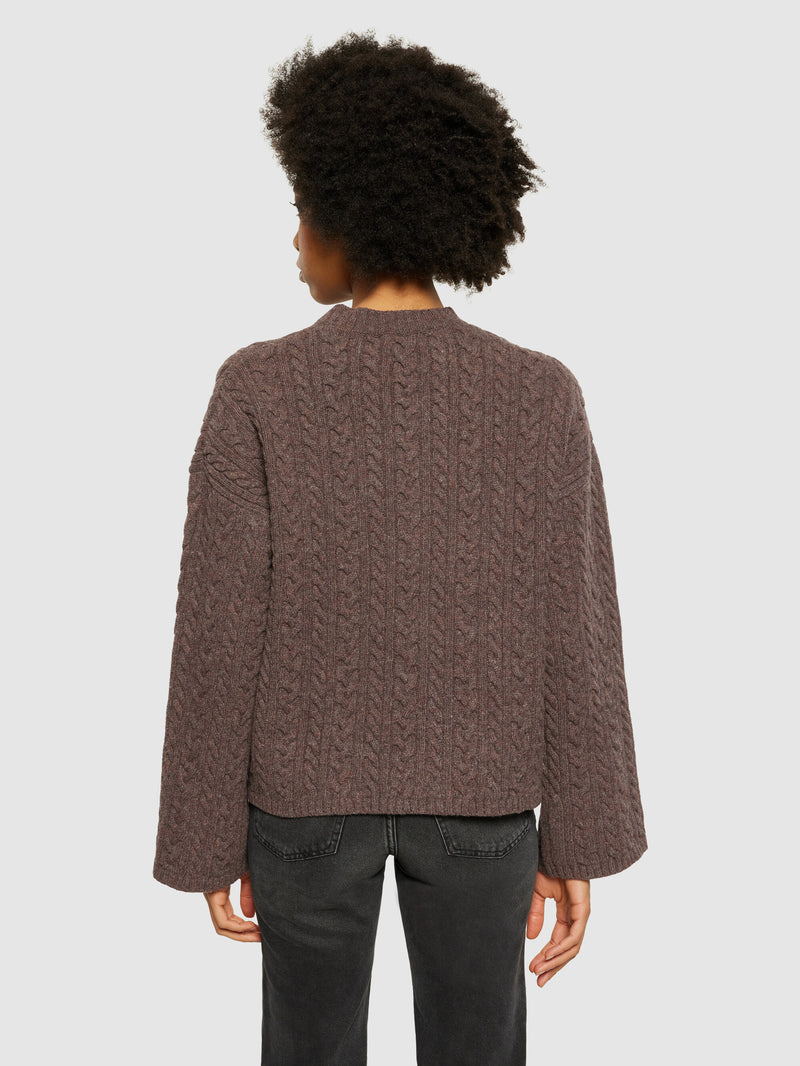 KnowledgeCotton Apparel - WMN Lambswool cable crew neck - RWS Knits 1243 Demitasse (brown)