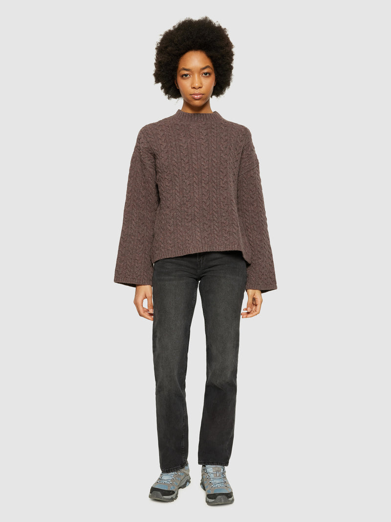 KnowledgeCotton Apparel - WMN Lambswool cable crew neck - RWS Knits 1243 Demitasse (brown)