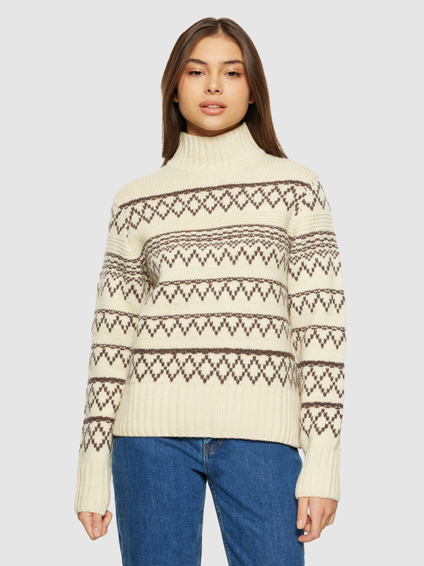 KnowledgeCotton Apparel - WMN Lambswool pattern high neck - RWS Knits 8033 Creme Stripe