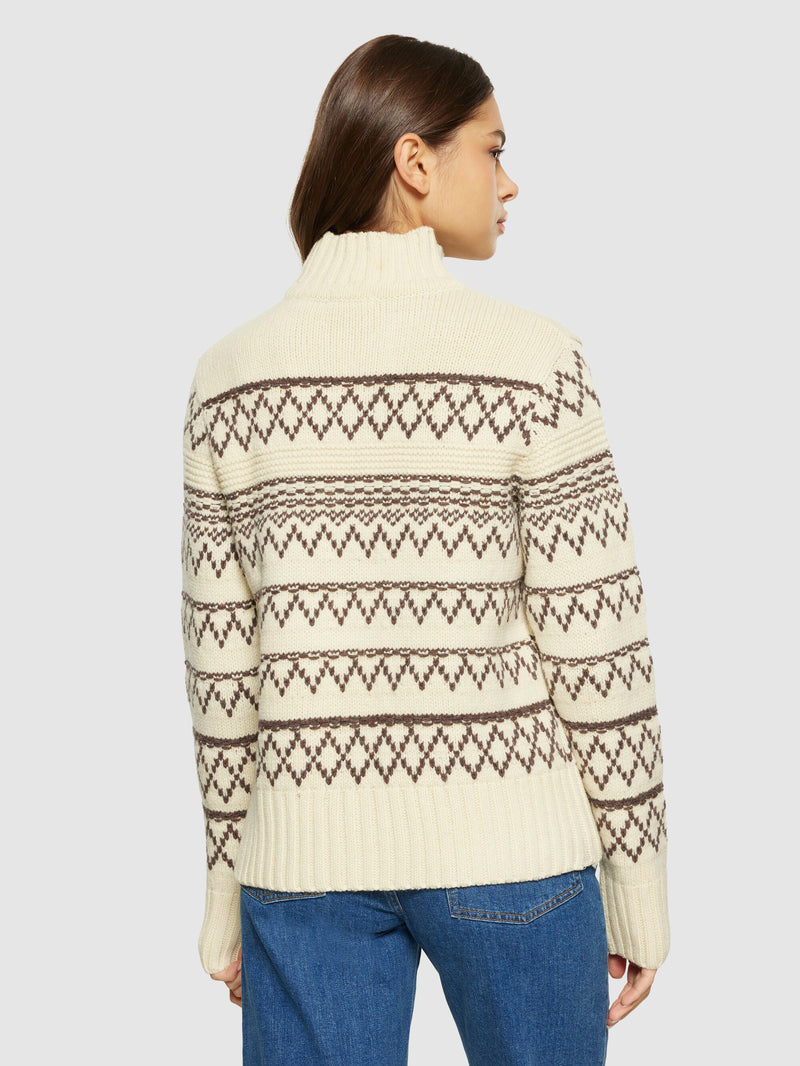 KnowledgeCotton Apparel - WMN Lambswool pattern high neck - RWS Knits 8033 Creme Stripe