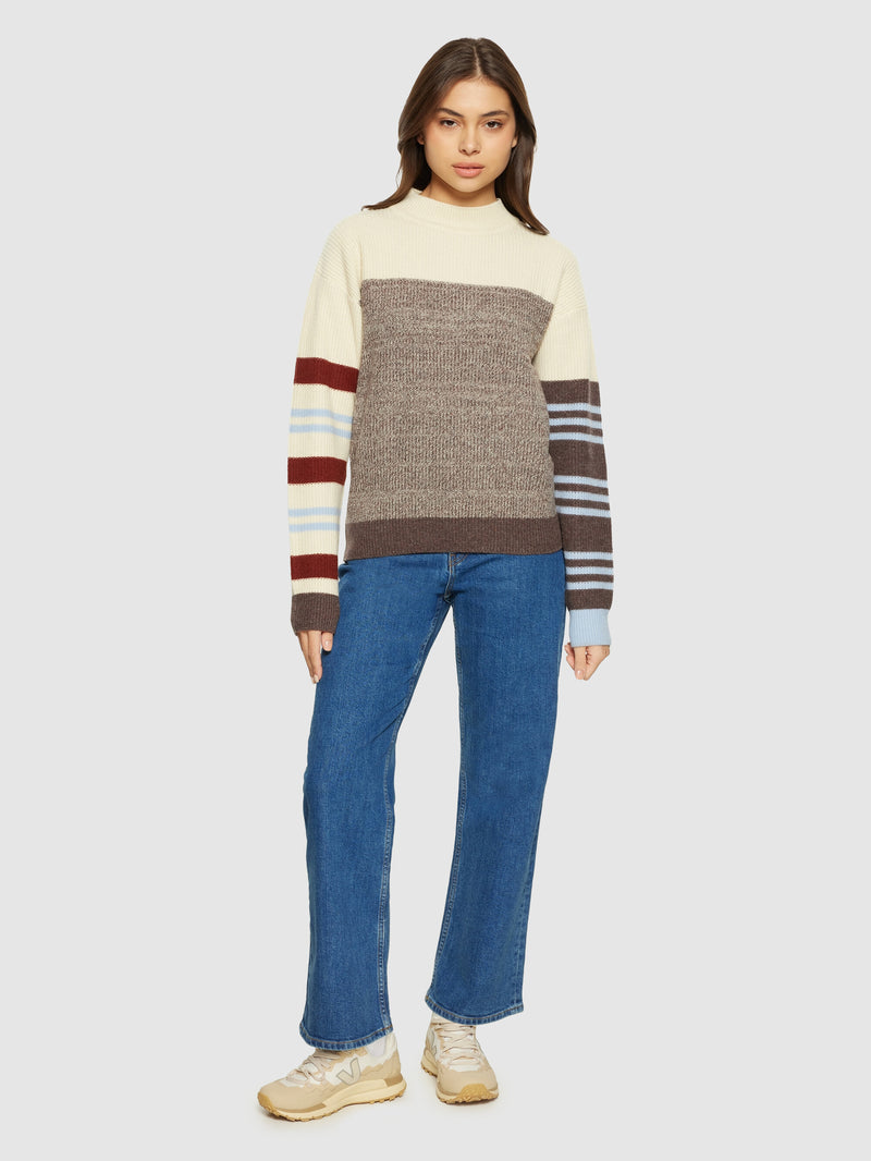 KnowledgeCotton Apparel - WMN Lambswool stripe blocking crew neck - RWS Knits 8032 Multi color stripe