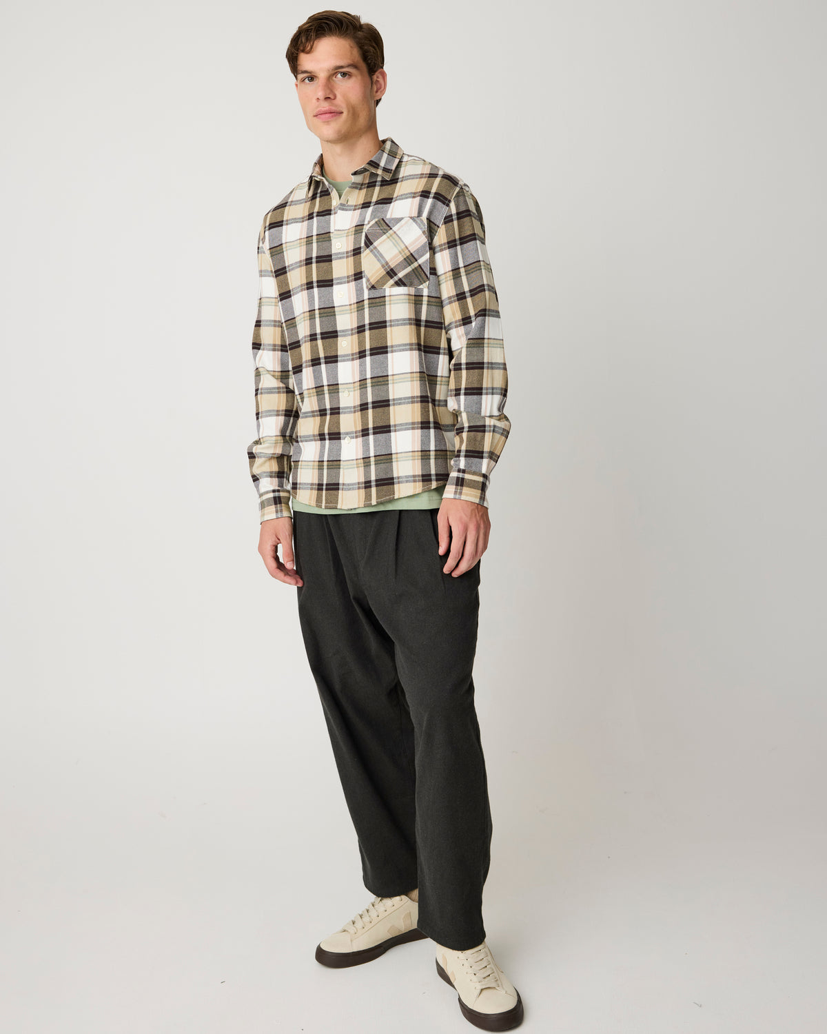 KnowledgeCotton Apparel - MEN Light flannel checkered costum fit shirt Shirts 7026 Brown check