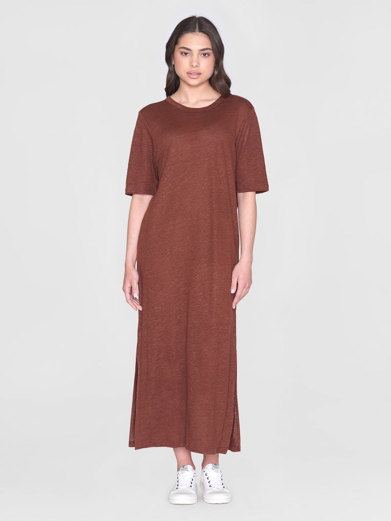 KnowledgeCotton Apparel - WMN Linen short sleeved t-shirt dress Dresses 1441 Tiramisu