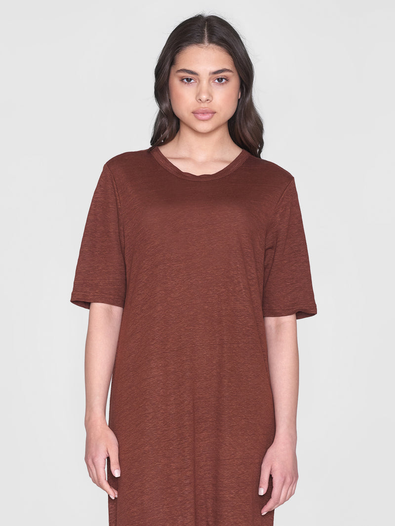 KnowledgeCotton Apparel - WMN Linen short sleeved t-shirt dress Dresses 1441 Tiramisu