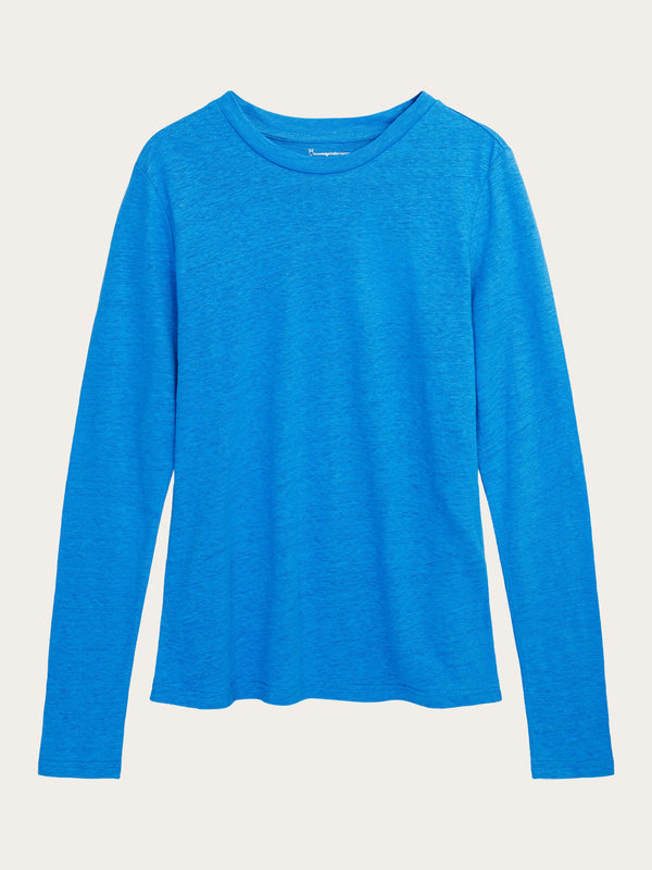 KnowledgeCotton Apparel - WMN Long sleeve linen t-shirt - GOTS/Vegan Long Sleeves 1445 Malibu Blue