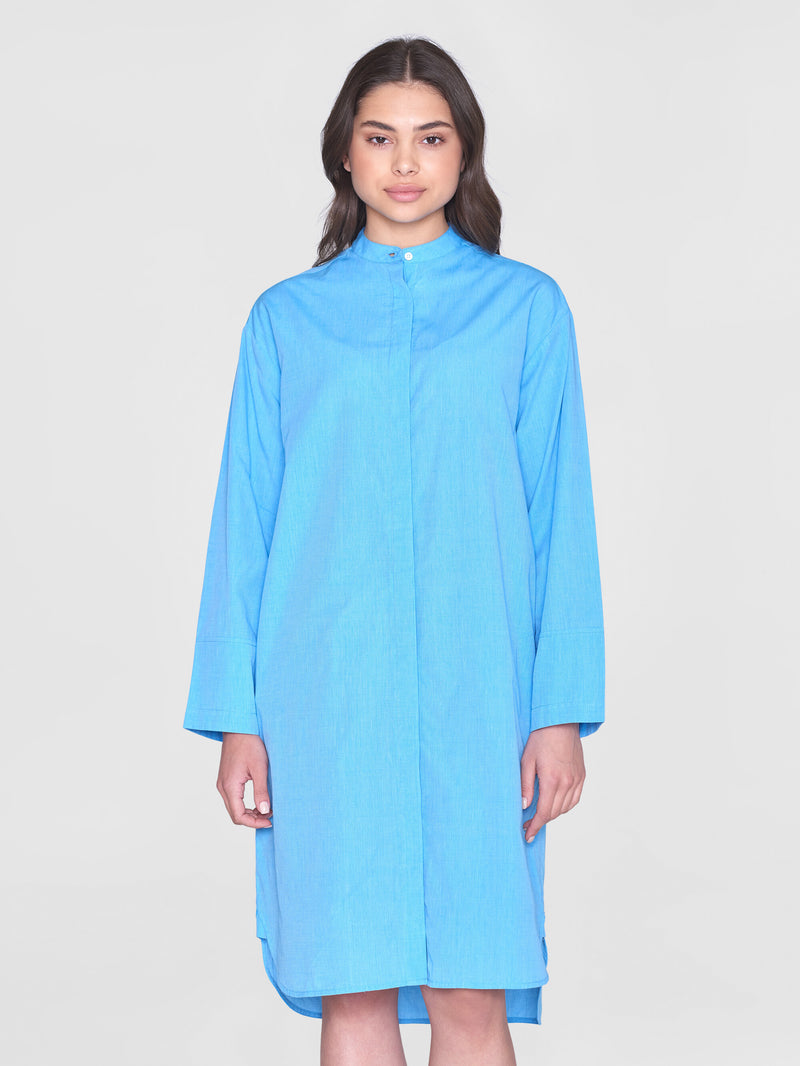 KnowledgeCotton Apparel - WMN Loose chambray stand collar long shirt dress - GOTS/Vegan Dresses 1445 Malibu Blue