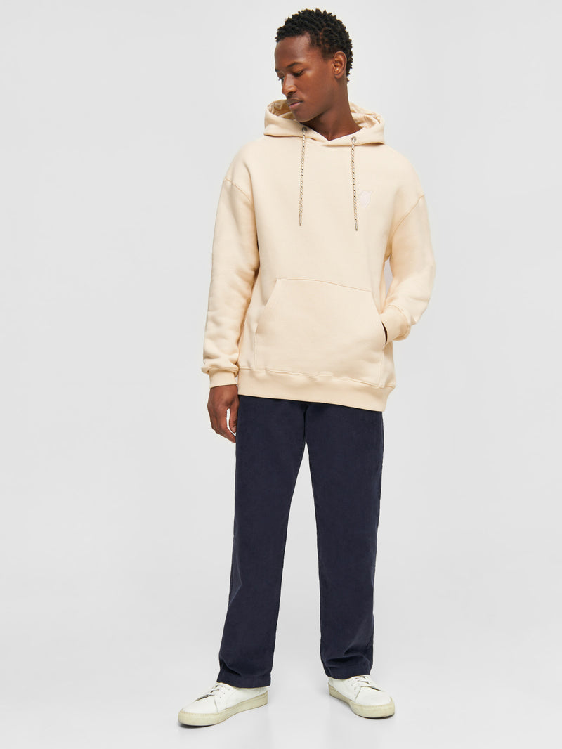 KnowledgeCotton Apparel - MEN Loose fit hood kangaroo pocket sweat with embroidery at chest Sweats 1348 Buttercream