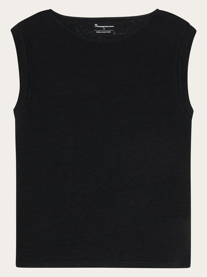 KnowledgeCotton Apparel - WMN Loose fold up linen t-shirt T-shirts 1300 Black Jet