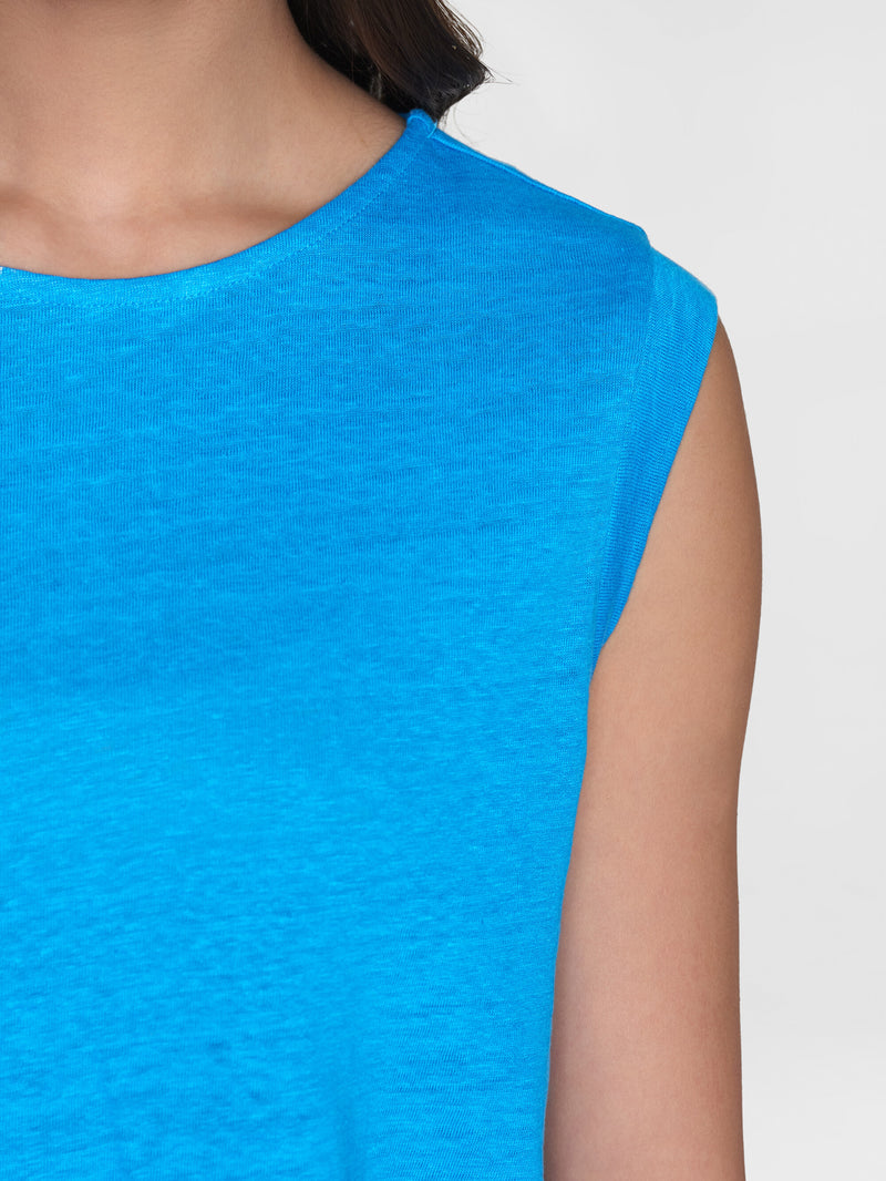 KnowledgeCotton Apparel - WMN Loose fold up linen t-shirt T-shirts 1445 Malibu Blue