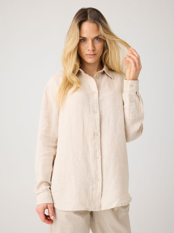 KnowledgeCotton Apparel - WMN Loose linen long sleeved shirt - GOTS/Vegan Shirts 1449 Yarndyed - Light feather gray