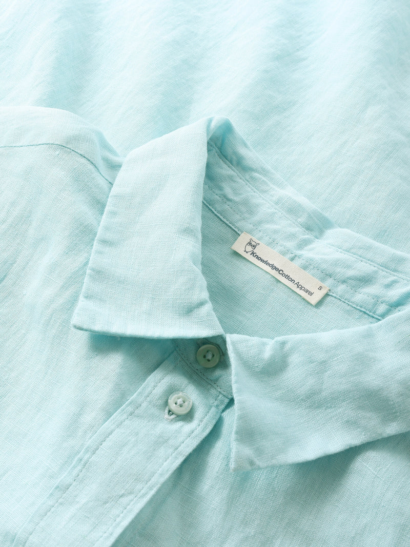 KnowledgeCotton Apparel - WMN Loose linen long sleeved shirt - GOTS/Vegan Shirts 1480 Aqua-Esque