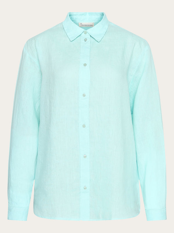 KnowledgeCotton Apparel - WMN Loose linen long sleeved shirt - GOTS/Vegan Shirts 1480 Aqua-Esque